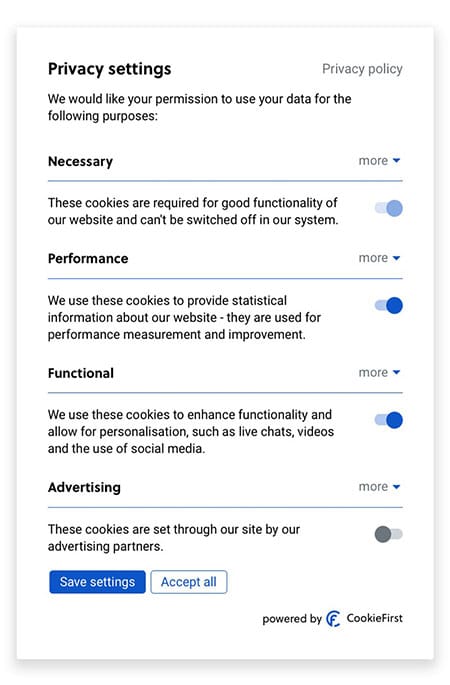 Cookie consent preference panel by CookieFirst