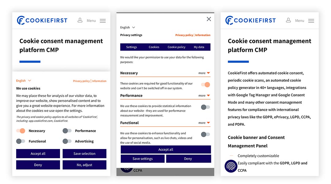 Configurações do Cookie banner em vista móvel.