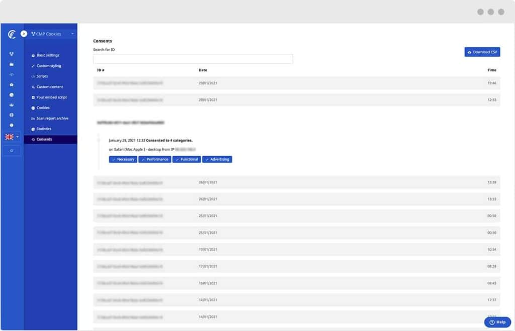 Cookie Yes alternativa | Il CMP di CookieFirst fornisce un audit trail delle modifiche del consenso dell'utente.