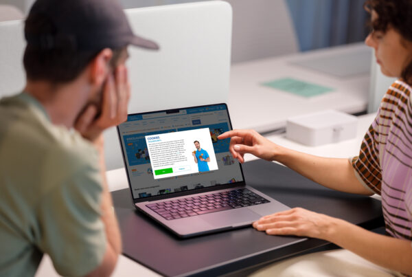 Two people looking at the Coolblue website on a laptop. The cookie banner is shown.