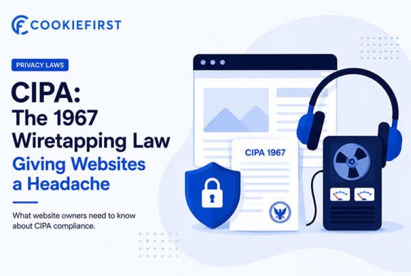 CIPA compliance illustration showing a website browser, privacy shield and wiretapping device for the California Invasion of Privacy Act and website privacy laws.