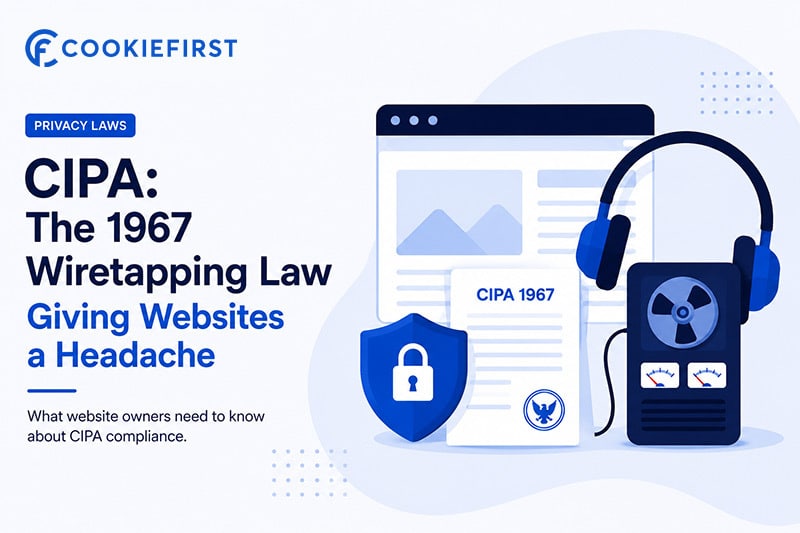 CIPA compliance illustration showing a website browser, privacy shield and wiretapping device for the California Invasion of Privacy Act and website privacy laws.